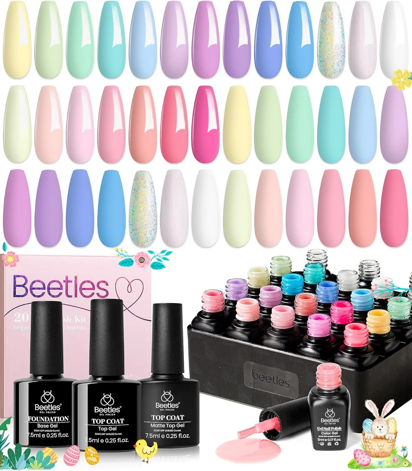 beetles Gel Polish Gel Polish Nail Set 36 Colors Floral Rhapsody Collection Pastel Bright Girly Sparkle Glitter Lacquer with 3Pcs Base Matte and Glossy Top Soak off Uv Lamp All Seasons for Women Valentine