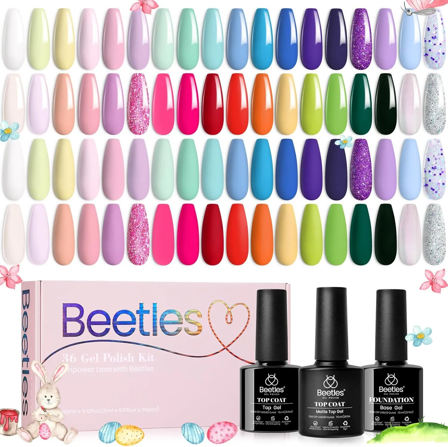 beetles Gel Polish Gel Polish Nail Set 36 Colors Floral Rhapsody Collection Pastel Bright Girly Sparkle Glitter Lacquer with 3Pcs Base Matte and Glossy Top Soak off Uv Lamp All Seasons for Women Valentine