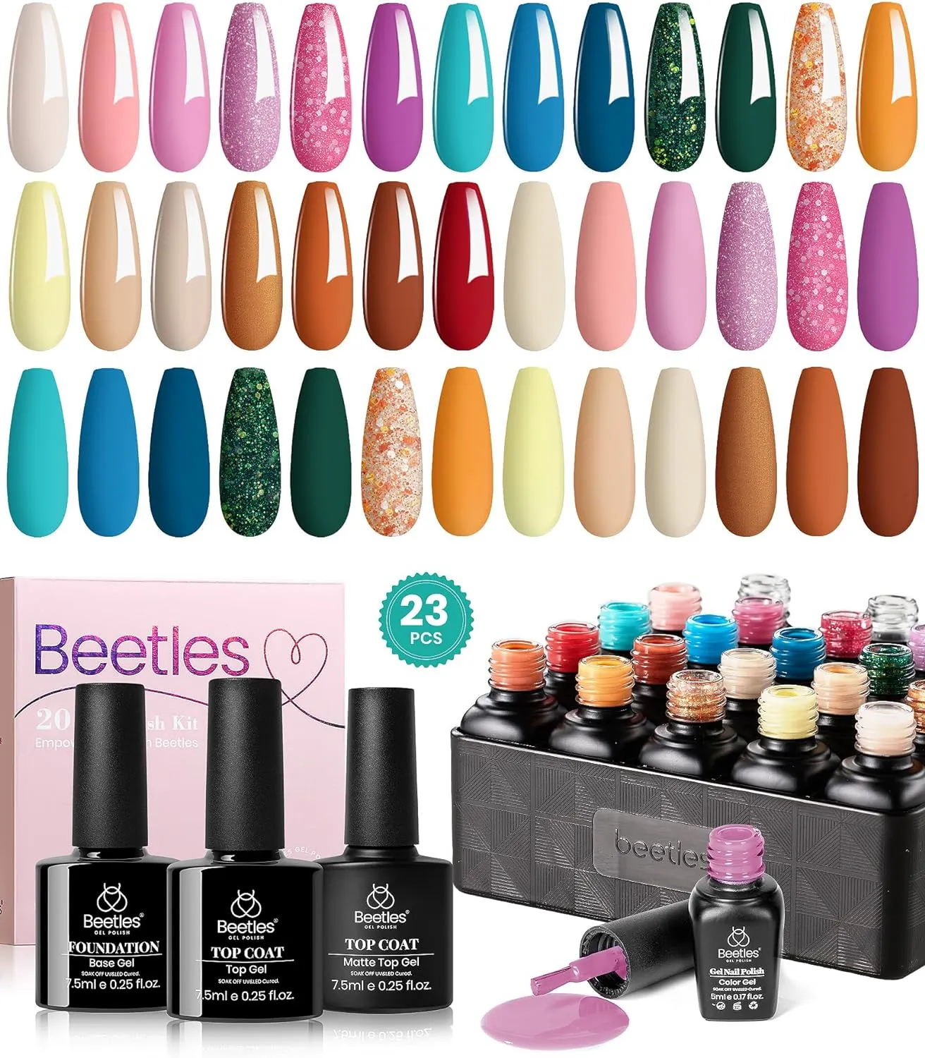 beetles Gel Polish Gel Polish Nail Set 36 Colors Floral Rhapsody Collection Pastel Bright Girly Sparkle Glitter Lacquer with 3Pcs Base Matte and Glossy Top Soak off Uv Lamp All Seasons for Women Valentine