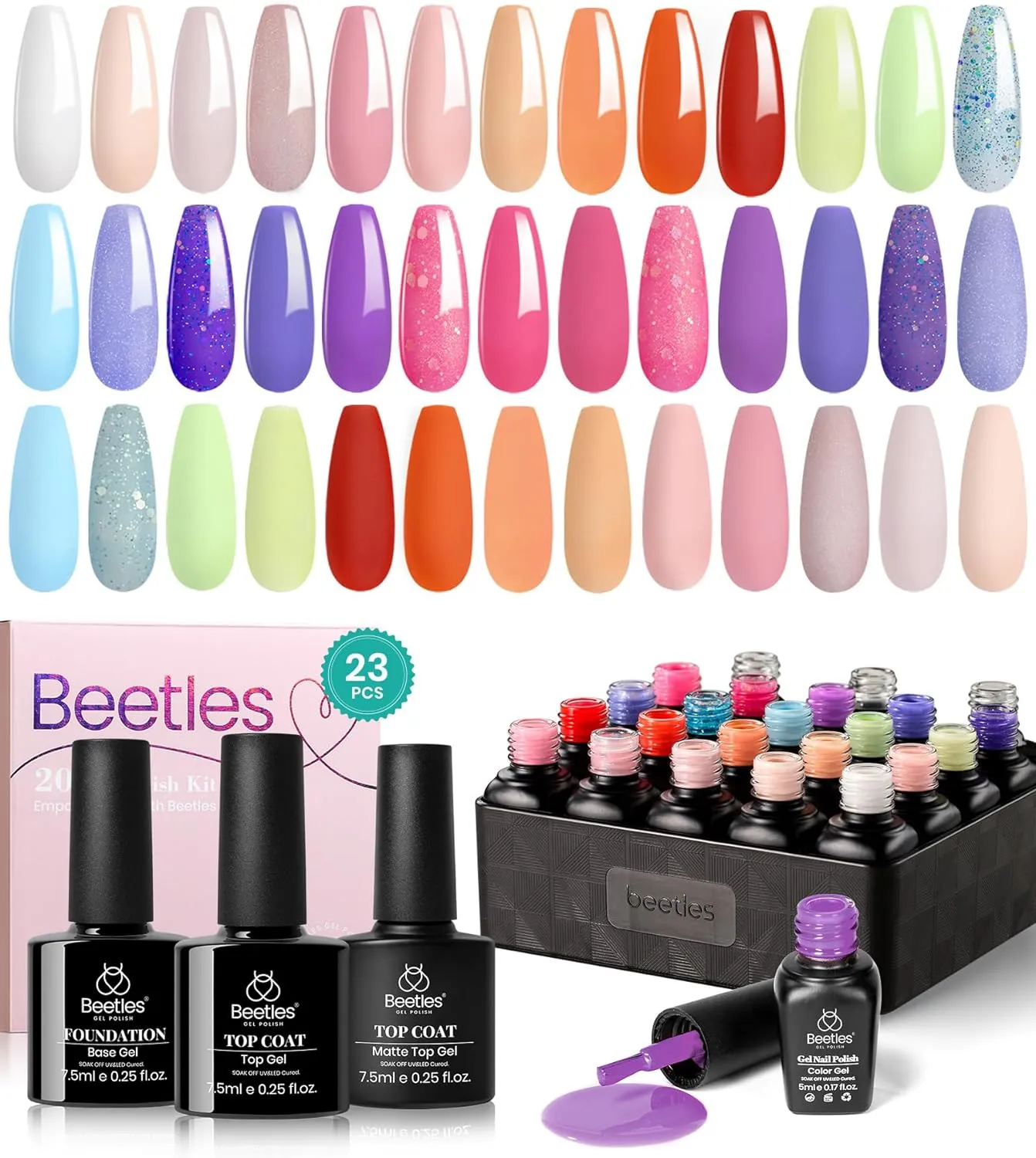 beetles Gel Polish Gel Polish Nail Set 36 Colors Floral Rhapsody Collection Pastel Bright Girly Sparkle Glitter Lacquer with 3Pcs Base Matte and Glossy Top Soak off Uv Lamp All Seasons for Women Valentine
