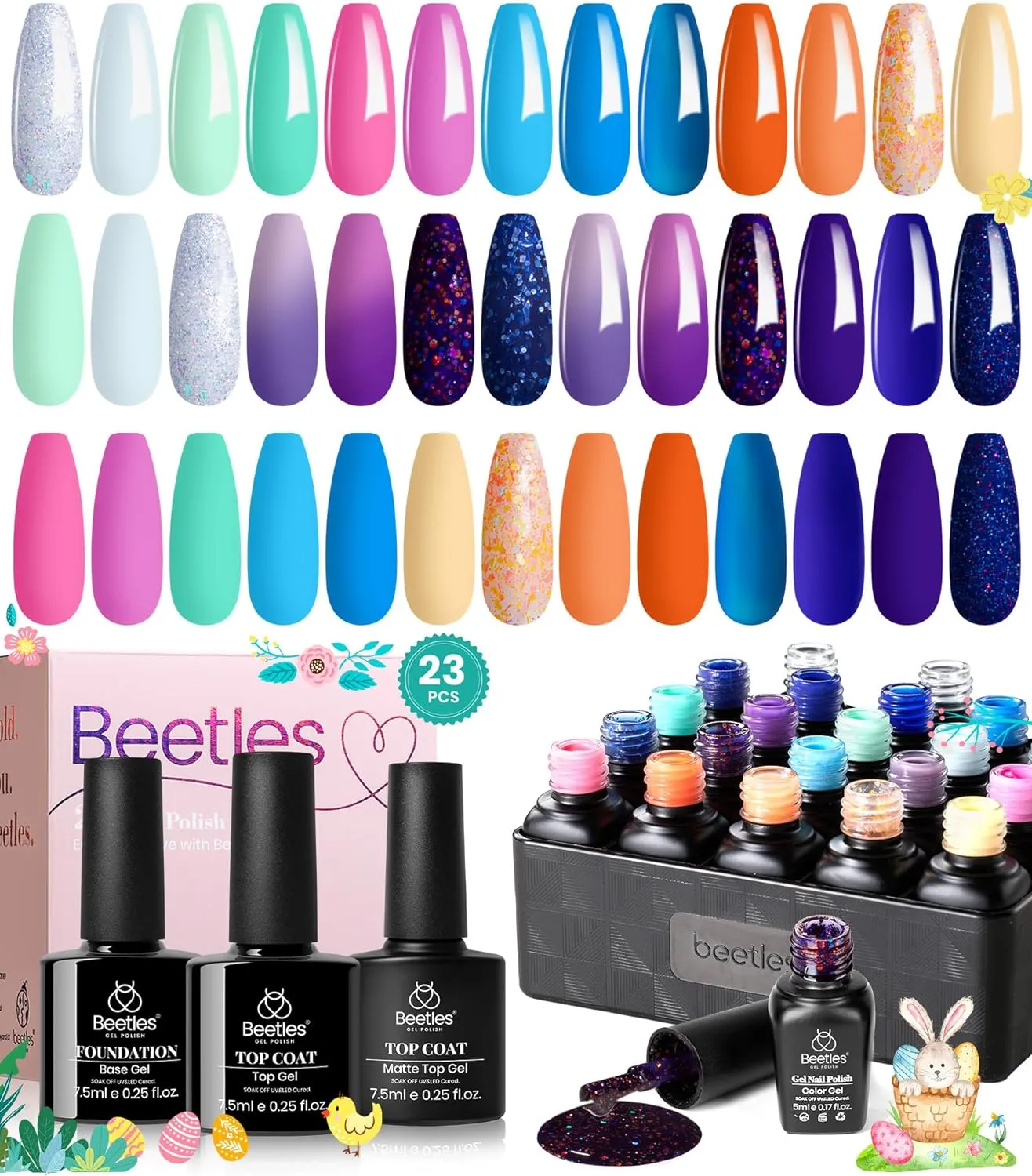beetles Gel Polish Gel Polish Nail Set 36 Colors Floral Rhapsody Collection Pastel Bright Girly Sparkle Glitter Lacquer with 3Pcs Base Matte and Glossy Top Soak off Uv Lamp All Seasons for Women Valentine