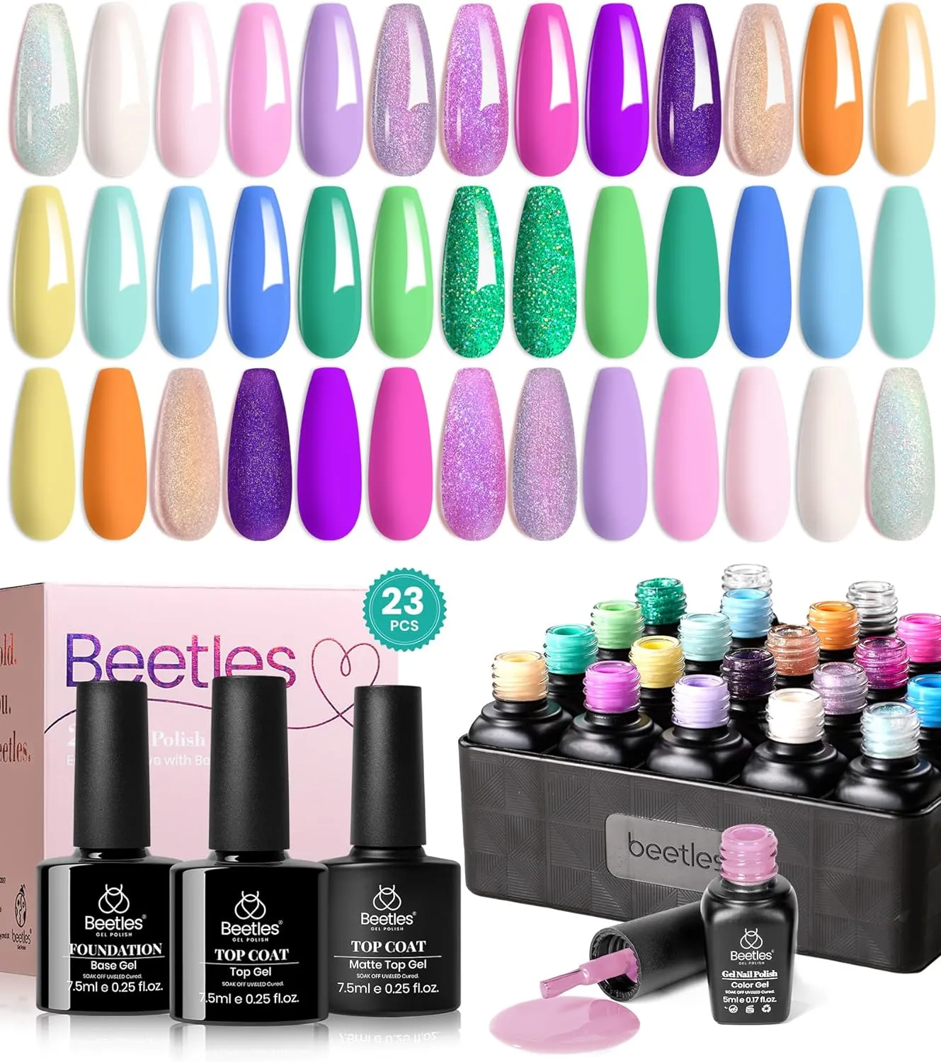 beetles Gel Polish Gel Polish Nail Set 36 Colors Floral Rhapsody Collection Pastel Bright Girly Sparkle Glitter Lacquer with 3Pcs Base Matte and Glossy Top Soak off Uv Lamp All Seasons for Women Valentine