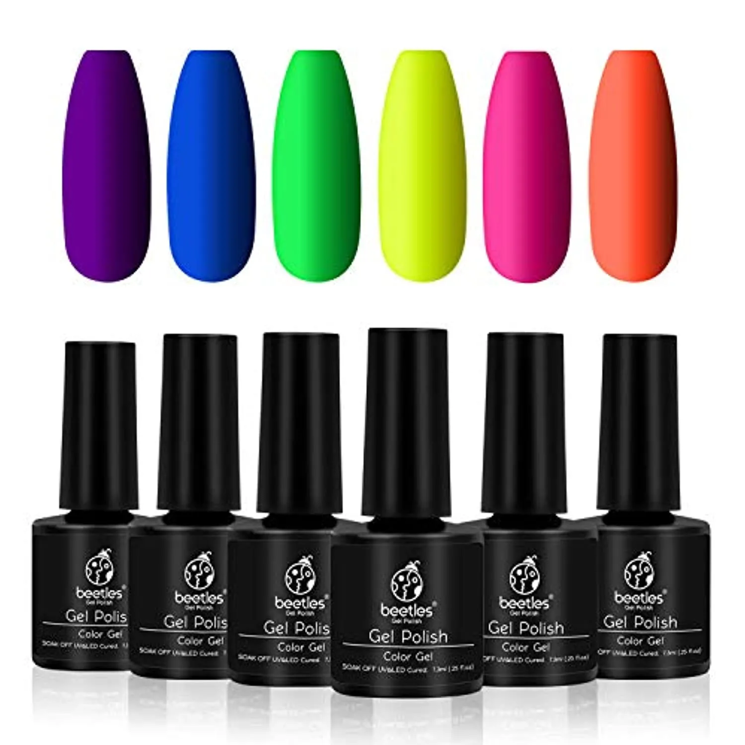 Beetles Neon Gel Nail Polish Set, Neon Orange Hot Pink Blue Yellow Green Purple 6 Colors Soak Off LED Gel Nail Kit, 7.5ml Each Bottle