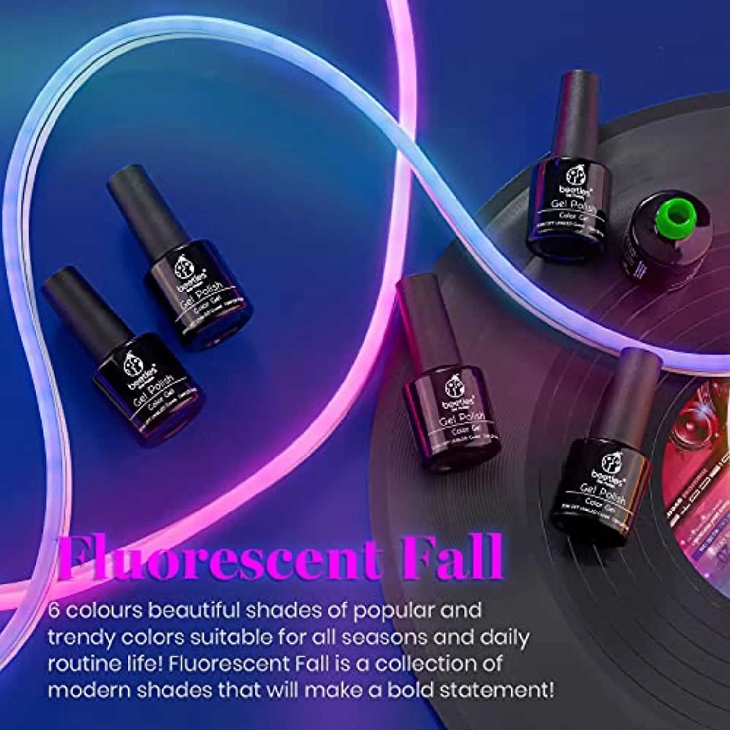 Beetles Neon Gel Nail Polish Set, Neon Orange Hot Pink Blue Yellow Green Purple 6 Colors Soak Off LED Gel Nail Kit, 7.5ml Each Bottle