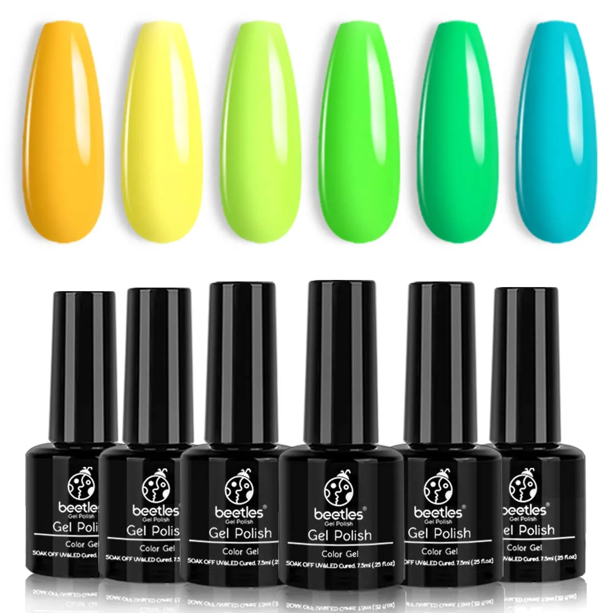 Beetles Neon Gel Nail Polish Set, Neon Orange Hot Pink Blue Yellow Green Purple 6 Colors Soak Off LED Gel Nail Kit, 7.5ml Each Bottle