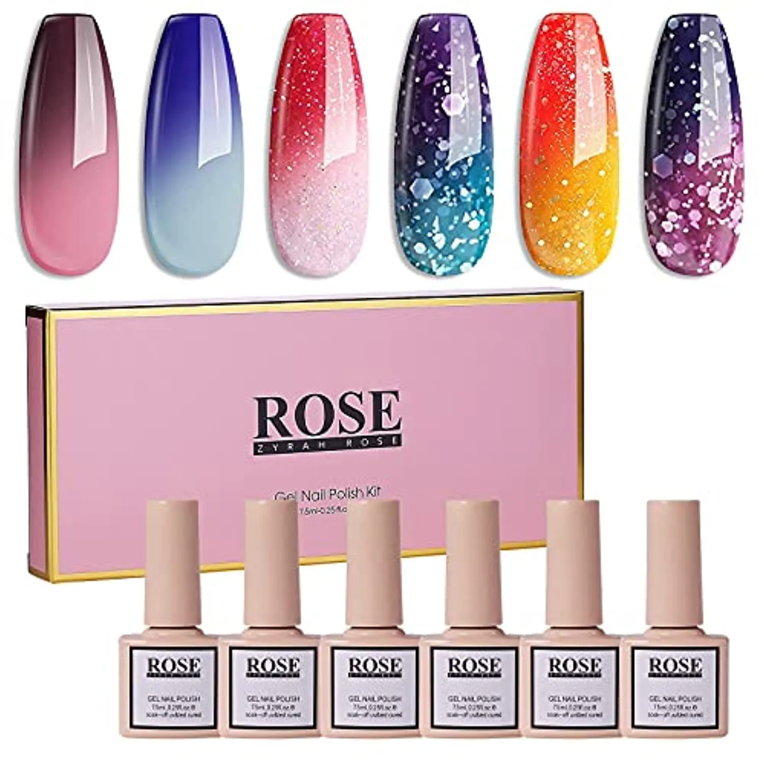 Color Changing Gel Nail Polish - Soak Off Gel Polish Kit Set Temperature Change Glitter Nail Polish Gel Collection Starter Manicure Gift for Women, Long Lasting, ZYRAH ROSE 6 Colors 7.5ml