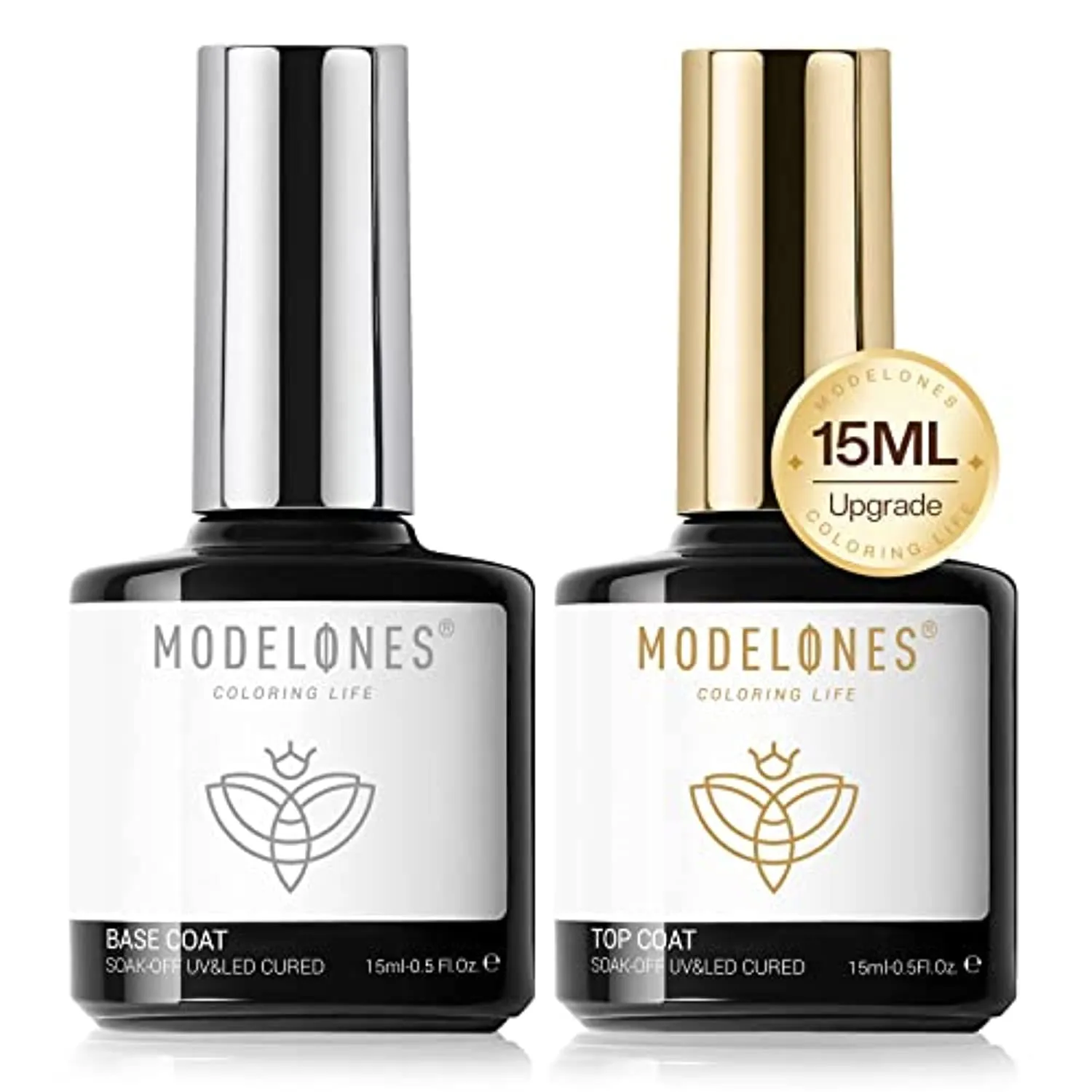 Modelones 15ml Gel Nail Polish Top Coat Set, No Wipe Base and Top Coat, Nail Starter Kit Gloss Shiny Clear Base Top Coat Gel Long Lasting for 28 Days