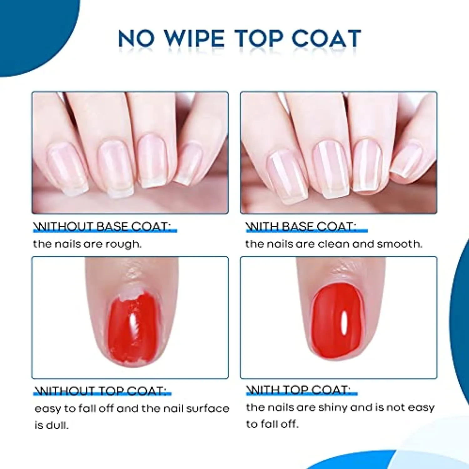 Modelones 15ml Gel Nail Polish Top Coat Set, No Wipe Base and Top Coat, Nail Starter Kit Gloss Shiny Clear Base Top Coat Gel Long Lasting for 28 Days
