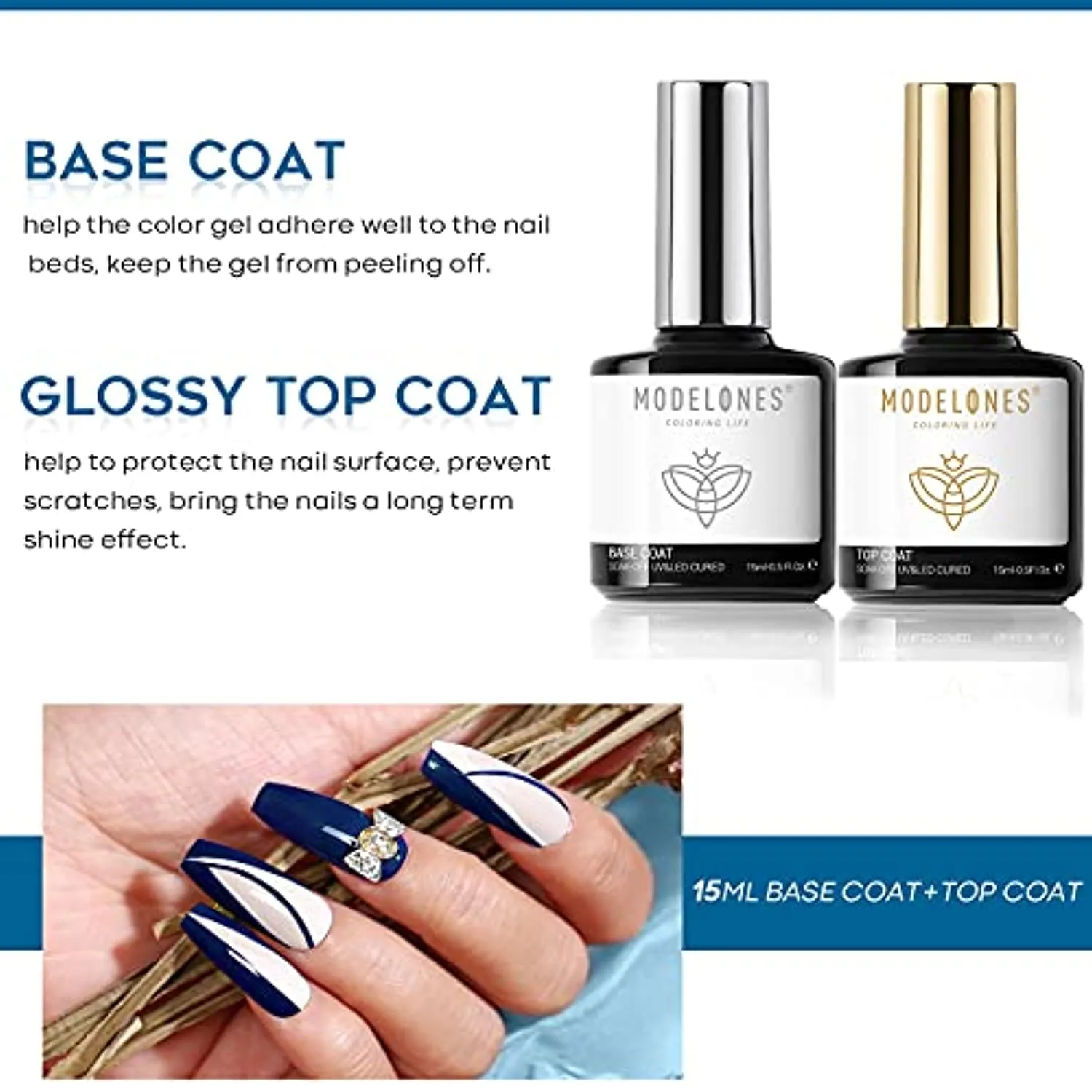 Modelones 15ml Gel Nail Polish Top Coat Set, No Wipe Base and Top Coat, Nail Starter Kit Gloss Shiny Clear Base Top Coat Gel Long Lasting for 28 Days