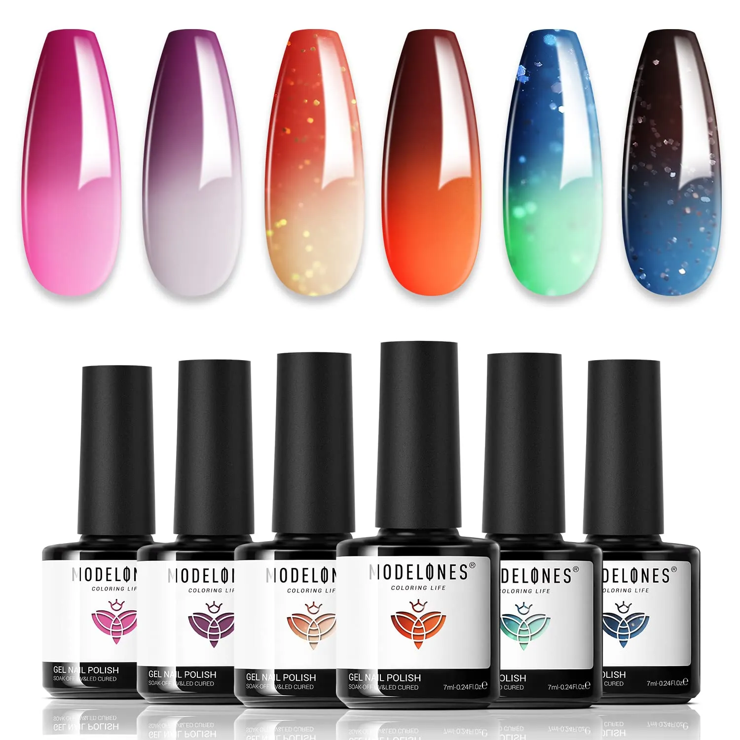 Modelones Color Changing Gel Nail Polish Kit - 6 Colors Spring Limited Edition 10ml Glitter Mood Temperature Change Gel Nail Polish Set Soak Off Gel Polish Nail Art Manicure DIY Salon Gift for Women
