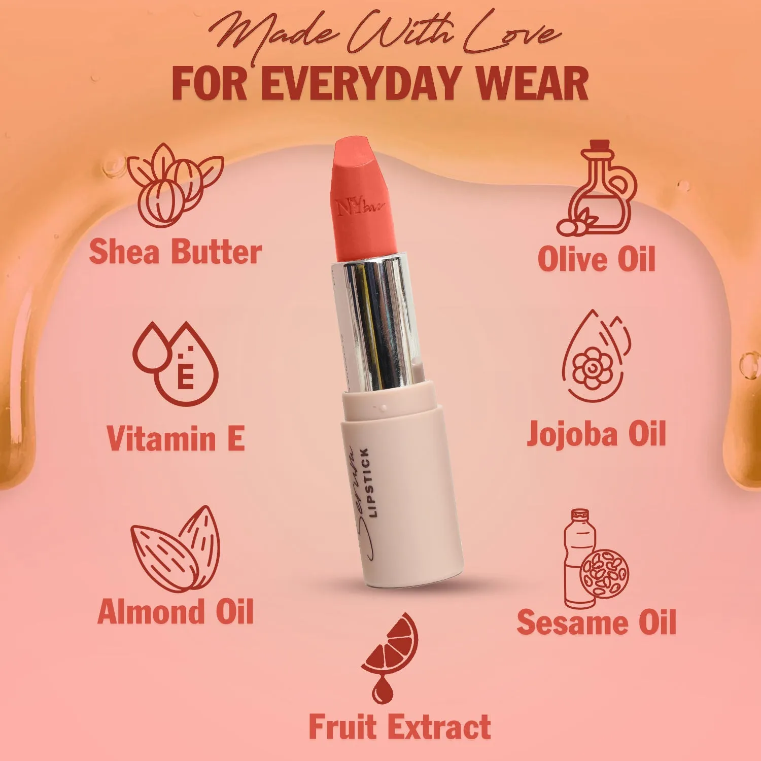NY Bae Runway Serum Lipstick - Nude Puddle 02 (4.8 g) | Nude | Highly Pigmented | Vitamin E & Fruit Oils | Lightweight | Non-Drying
