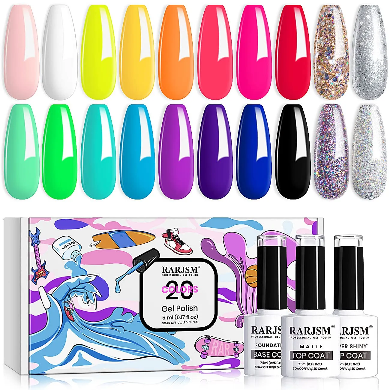 RARJSM Painted Gel Nail Polish Set, Line Art Gel 12 Colors Neon Pink Yellow Green Glitter Sliver Gold Nail Art Painting Gel Manicure Tools DIY Drawing Nail Gel for Line UV LED Required