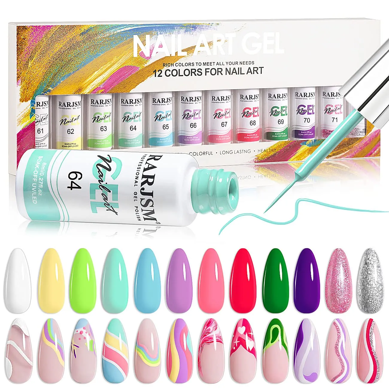 RARJSM Painted Gel Nail Polish Set, Line Art Gel 12 Colors Neon Pink Yellow Green Glitter Sliver Gold Nail Art Painting Gel Manicure Tools DIY Drawing Nail Gel for Line UV LED Required