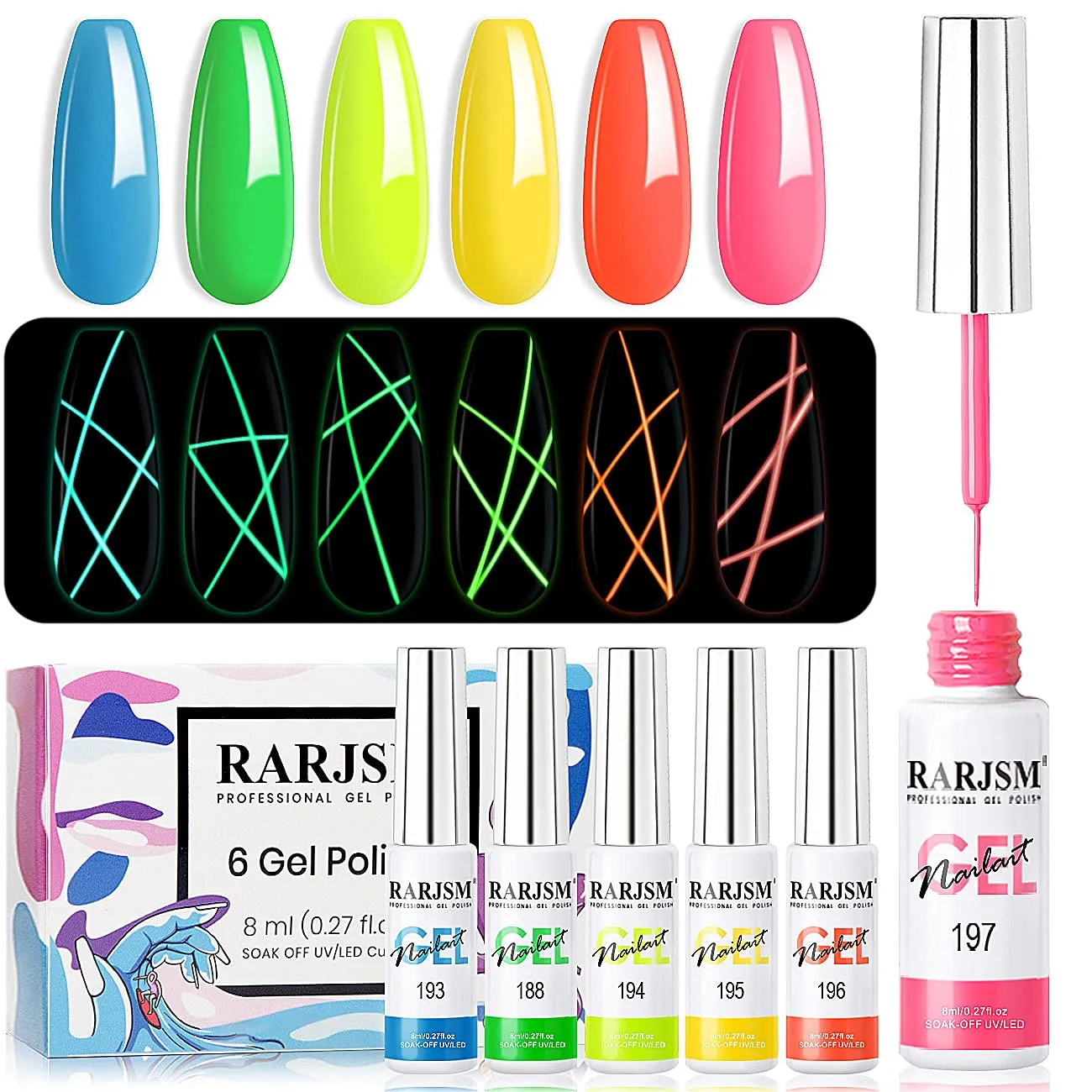 RARJSM Painted Gel Nail Polish Set, Line Art Gel 12 Colors Neon Pink Yellow Green Glitter Sliver Gold Nail Art Painting Gel Manicure Tools DIY Drawing Nail Gel for Line UV LED Required