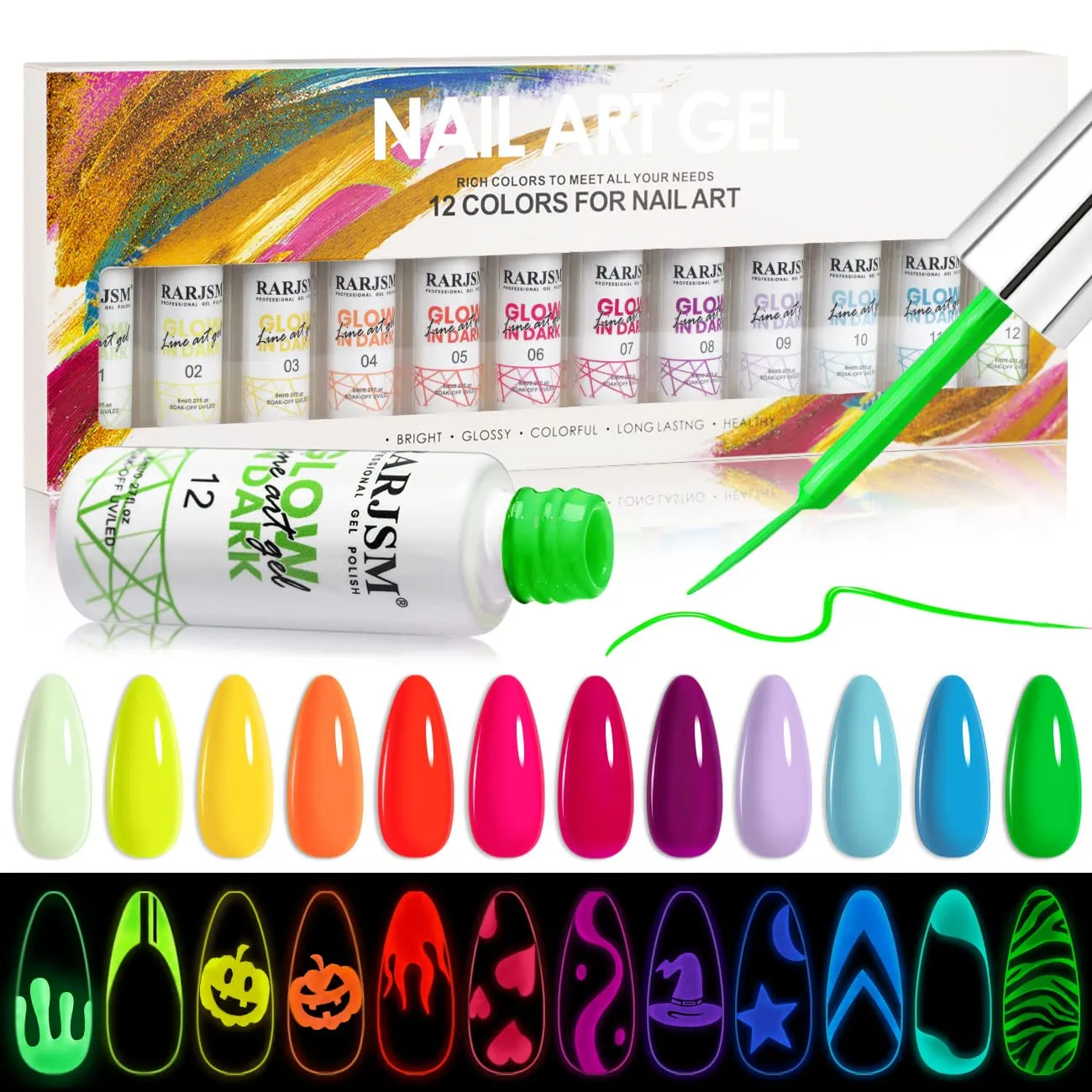 RARJSM Painted Gel Nail Polish Set, Line Art Gel 12 Colors Neon Pink Yellow Green Glitter Sliver Gold Nail Art Painting Gel Manicure Tools DIY Drawing Nail Gel for Line UV LED Required