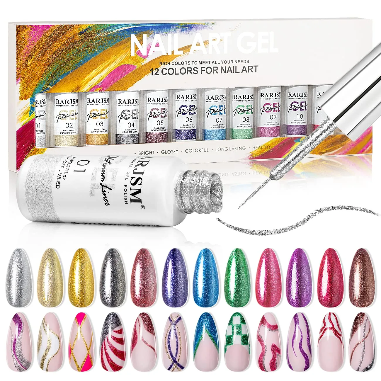 RARJSM Painted Gel Nail Polish Set, Line Art Gel 12 Colors Neon Pink Yellow Green Glitter Sliver Gold Nail Art Painting Gel Manicure Tools DIY Drawing Nail Gel for Line UV LED Required