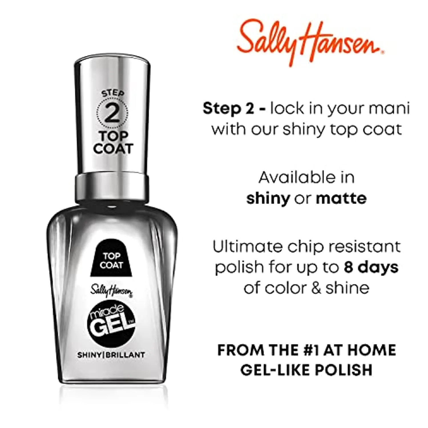 Sally Hansen Miracle Gel Nail Polish Shiny Top Coat, 101 Miracle Gel 3.0 Shiny Top Coat, 0.5 Fl Ounce
