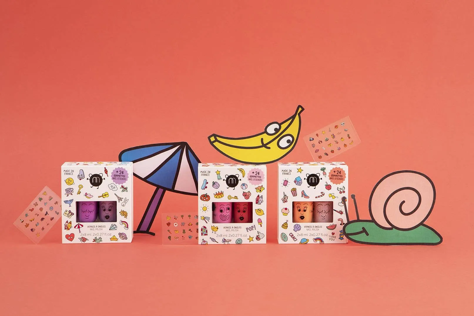 Set: 2 nail polishes   1 nail sticker: Pop