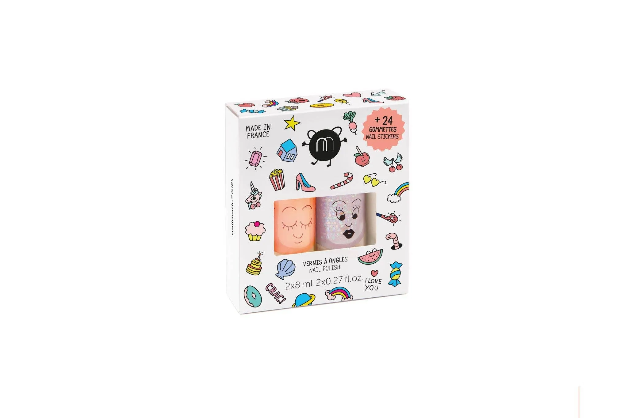 Set: 2 nail polishes   1 nail sticker: Pop