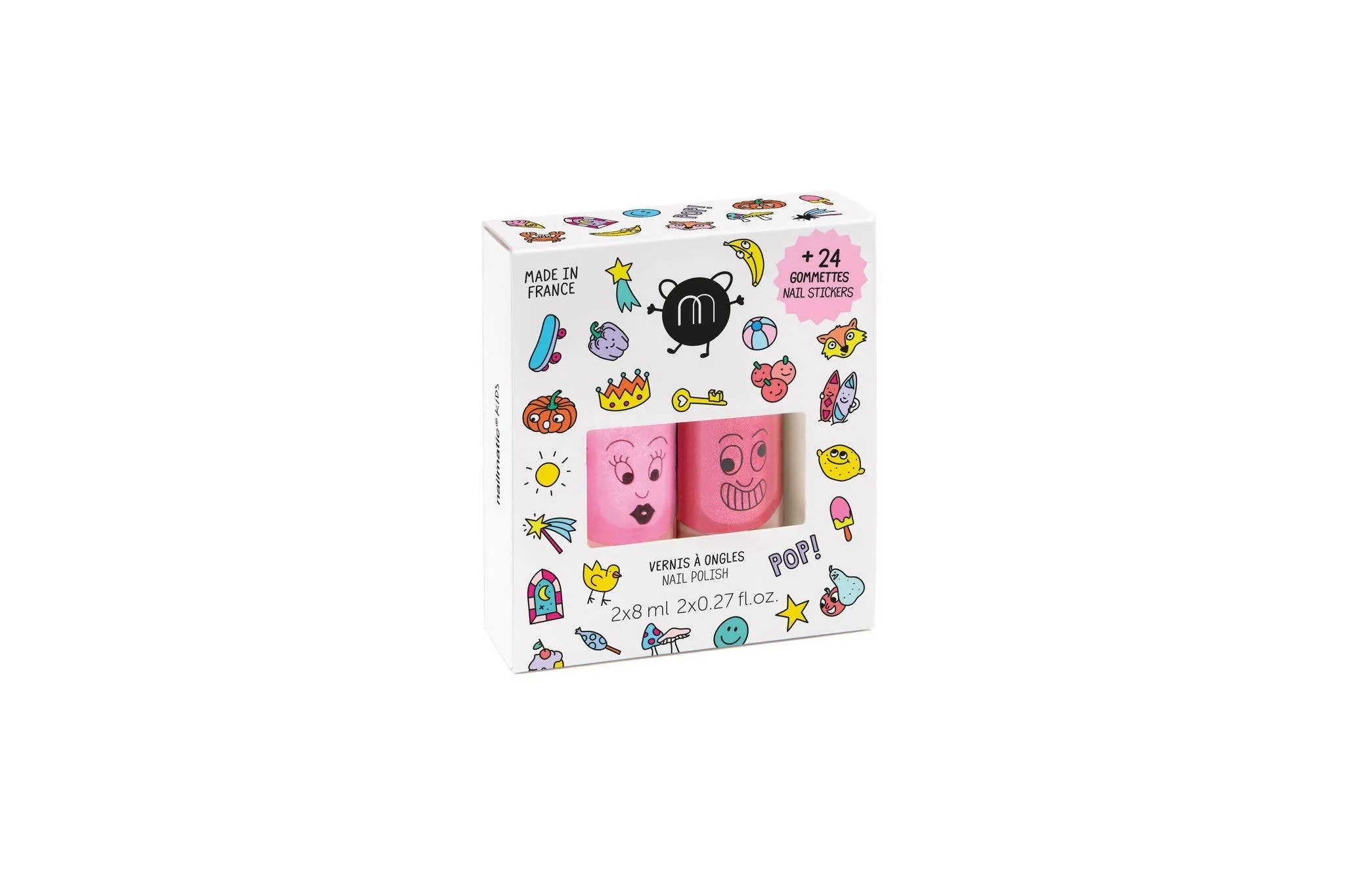 Set: 2 nail polishes   1 nail sticker: Pop