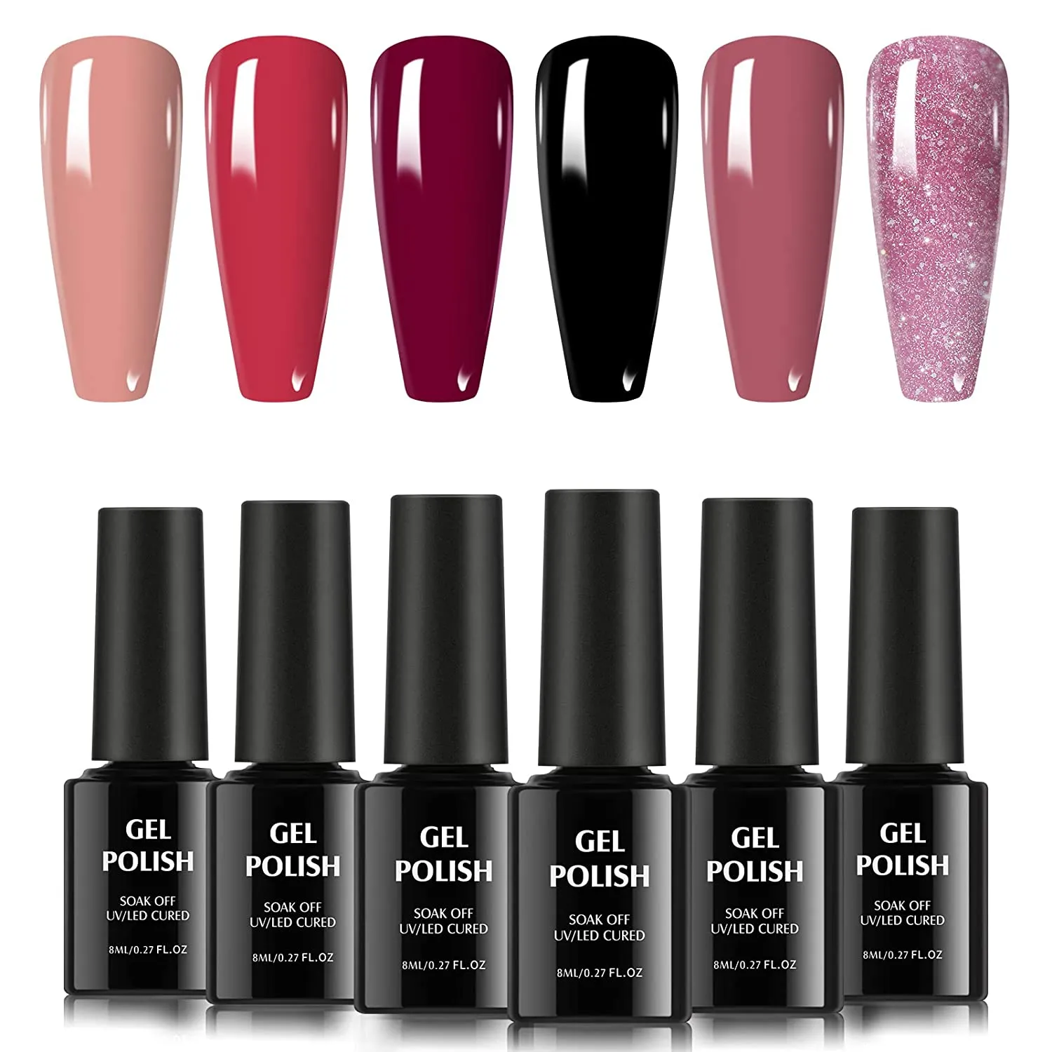 TOMICCA Dark Red Gel Nail Polish Set, Pink Red Silver Cherry Burgundy 6 Dark Colors, Soak Off UV LED, DIY at Home Starter Kit & Nail Art Salon Professional, Acrylic Nail Kit Gel Polish Non - Toxic - 6×8ml