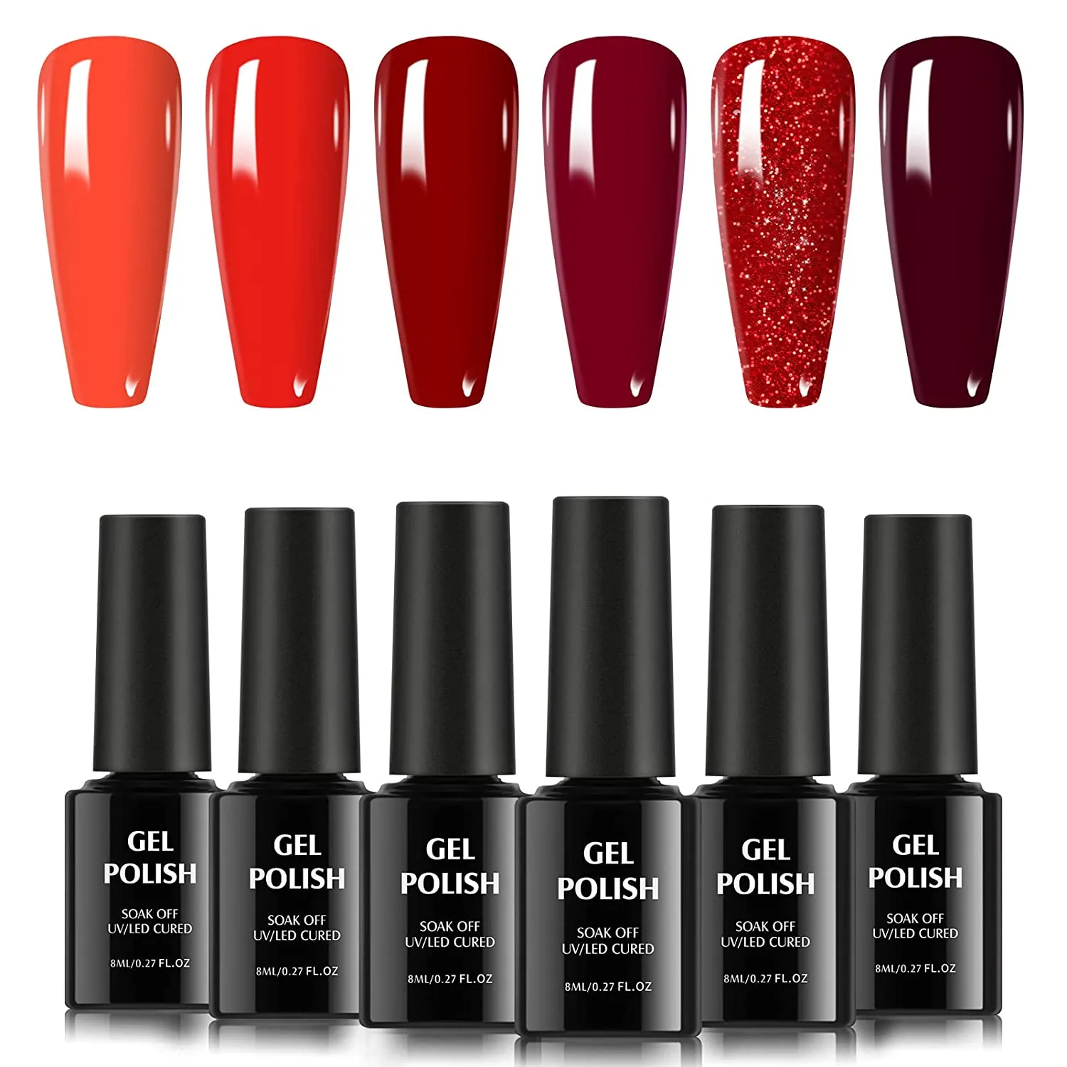 TOMICCA Dark Red Gel Nail Polish Set, Pink Red Silver Cherry Burgundy 6 Dark Colors, Soak Off UV LED, DIY at Home Starter Kit & Nail Art Salon Professional, Acrylic Nail Kit Gel Polish Non - Toxic - 6×8ml