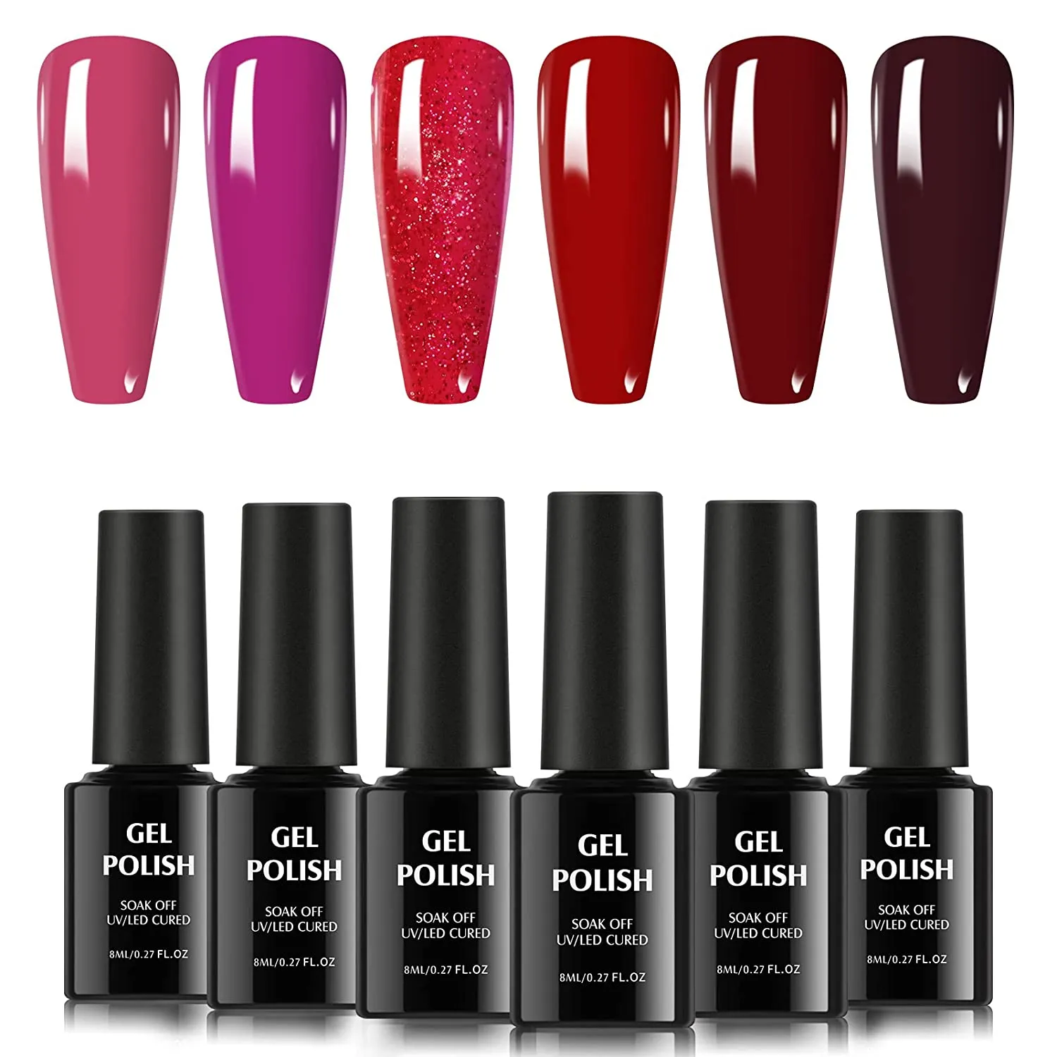 TOMICCA Dark Red Gel Nail Polish Set, Pink Red Silver Cherry Burgundy 6 Dark Colors, Soak Off UV LED, DIY at Home Starter Kit & Nail Art Salon Professional, Acrylic Nail Kit Gel Polish Non - Toxic - 6×8ml