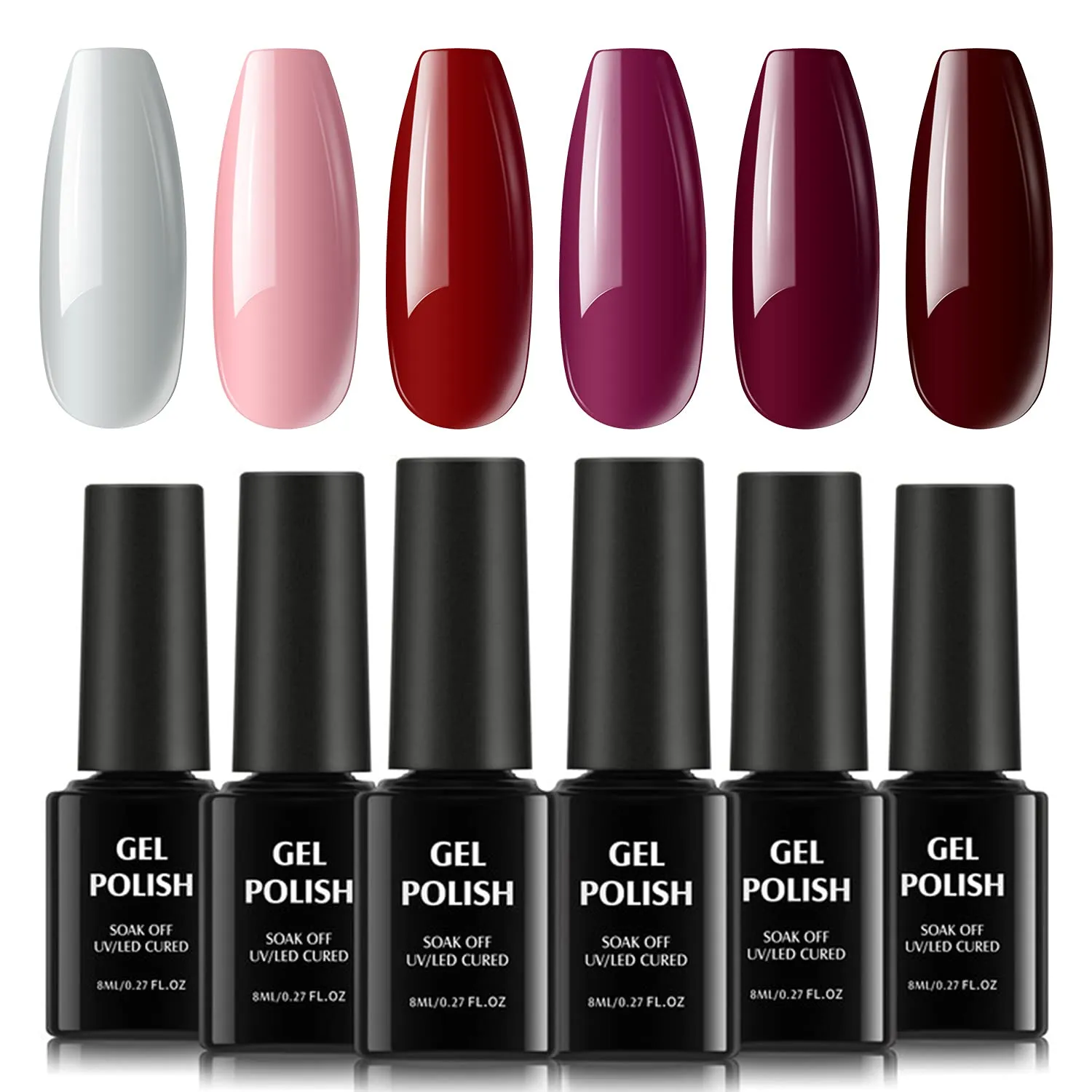 TOMICCA Dark Red Gel Nail Polish Set, Pink Red Silver Cherry Burgundy 6 Dark Colors, Soak Off UV LED, DIY at Home Starter Kit & Nail Art Salon Professional, Acrylic Nail Kit Gel Polish Non - Toxic - 6×8ml